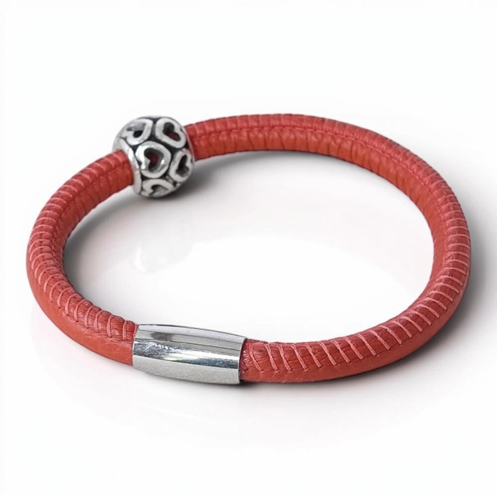 Brighton Woodstock Leather Bracelet Brick Orange Heart Charm Magnetic Silver